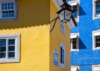 Sintra, Portugal Blue and yellow facade of the houses