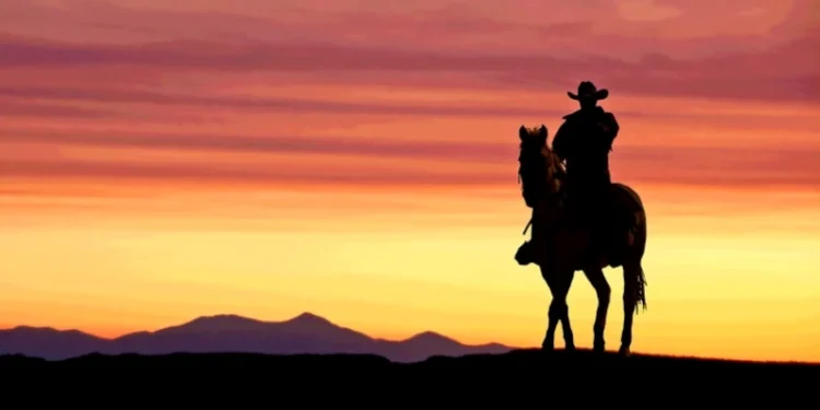 cowboy on horse at sunset in the American West