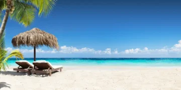 Seascape view with chairs and umbrella