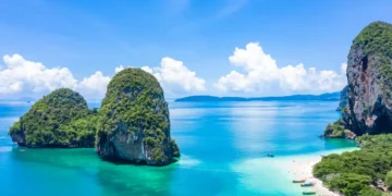 Aerial view Phra Nang Cave Beach with traditional long tail boat on Ao Phra Nang Beach, Railay Bay, Krabi, Thailand