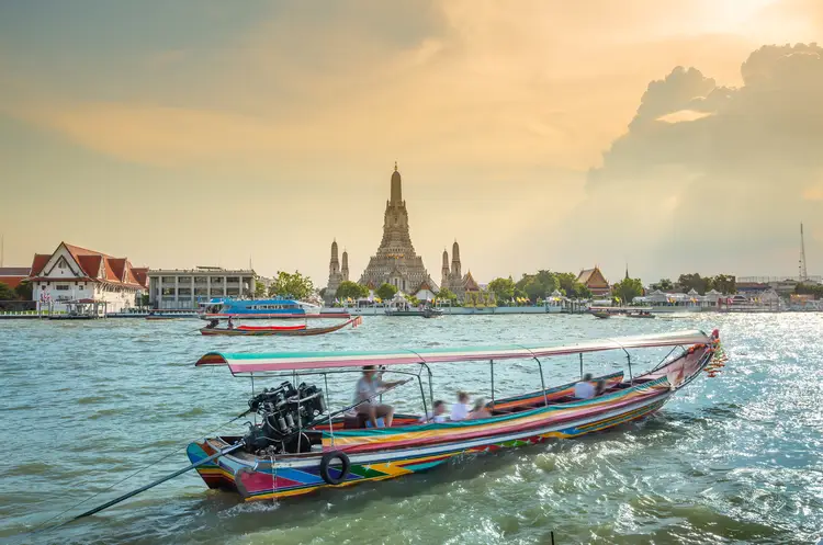 Traditional public boat in Chao Phraya river. travel in thailand