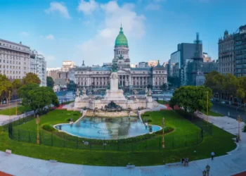 Panorama of the city of Buenos Aires. Aerial panorama of the square near Congreso at sunny day. Argentina