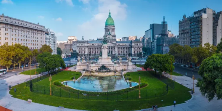Panorama of the city of Buenos Aires. Aerial panorama of the square near Congreso at sunny day. Argentina