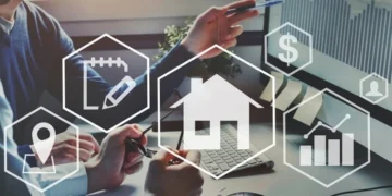 Real estate concept with icons of location, contract and price diagram. property overseas
