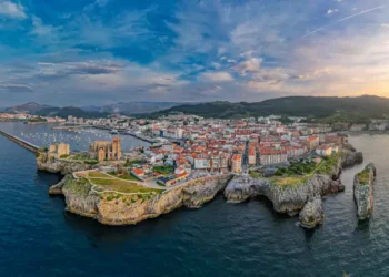 Seaside Spanish village of Castro Urdiales Spain at sunset from above