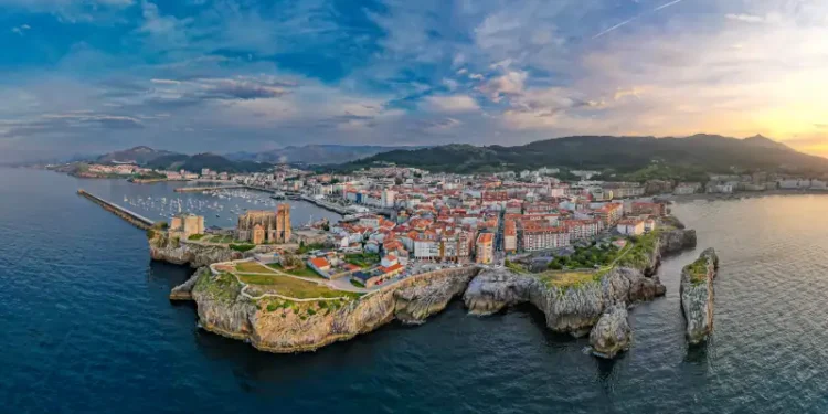Seaside Spanish village of Castro Urdiales Spain at sunset from above