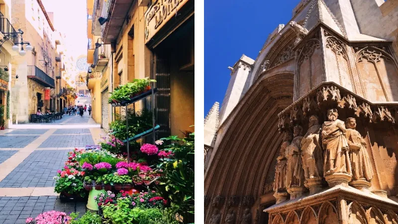 Tarragona Old Town Street and Cathedral Detail / Live And Invest Overseas Colorful flower shop-lined street in Tarragona’s old town with view of cathedral statues