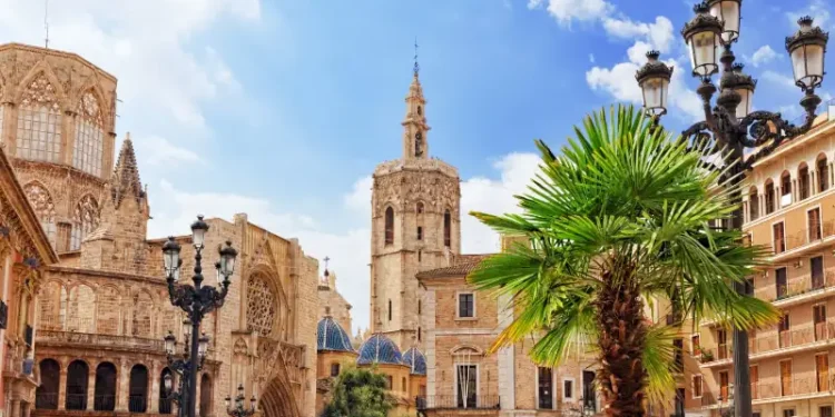 Historic center of Valencia, Spain, featuring Valencia Cathedral, El Miguelete Tower, and Mediterranean architecture.