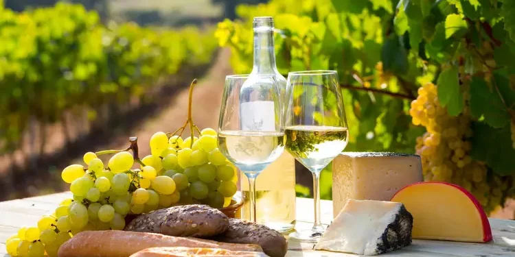 Bread, grapes, wine glasses and a wine bottle on a table.