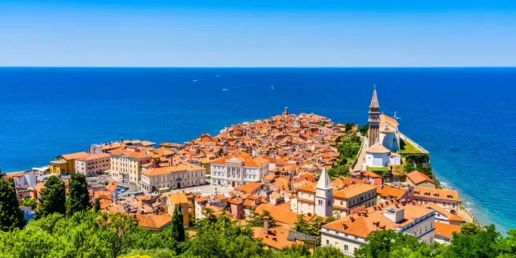 Aerial view of harbor fishing town of Piran, Slovenia on the Adriatic Sea riviera in the Mediterraniean Sea
