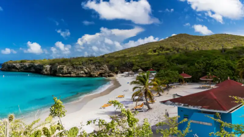 Tropical beach with clear blue water, white sand, and palm trees.