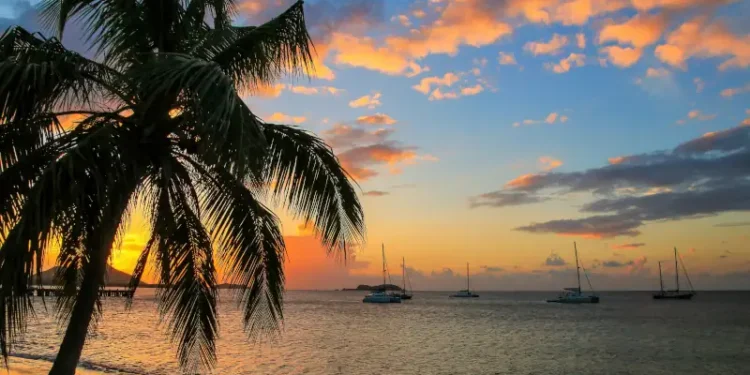 Sunset over Hillsborough Bay, Carriacou Island, Grenada.