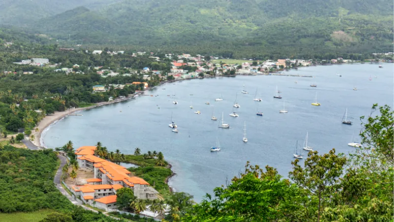 view from Fort Shirley to Pourtsmouth at Cabrits national Park at the carribean island of Dominica