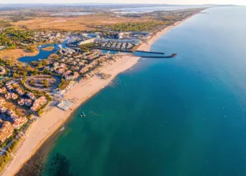 Aerial view of Cap d'Agde a seaside resort and naturist village on France's Mediterranean coast, Europe