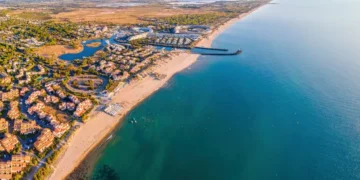 Aerial view of Cap d'Agde a seaside resort and naturist village on France's Mediterranean coast, Europe
