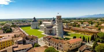Aerial view at tower of Pisa in Italy on a sunny day. best place to retire in italy 2025