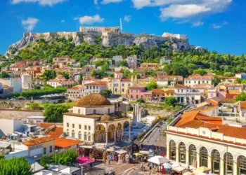 View of the Acropolis from the Plaka, Athens, Greece