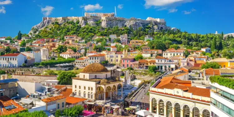View of the Acropolis from the Plaka, Athens, Greece