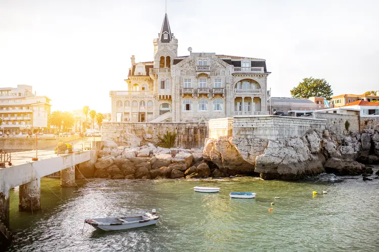 View on the bay with Palmela palace in Cascais resort in Porrtugal. best places to retire