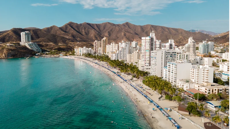 Aerial beach and city skyline of Rodadero Santa Marta Colombia — cheap real estate overseas
