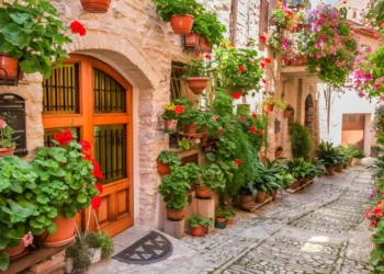 Street in small town in Italy in summer, Umbria
