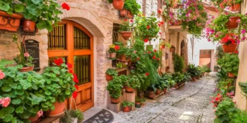 Street in small town in Italy in summer, Umbria