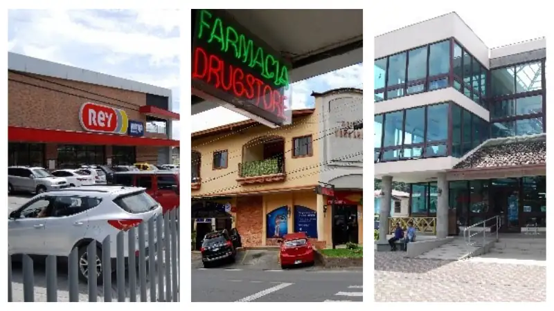 Collage showing a supermarket, a pharmacy, and a public library building in urban settings.