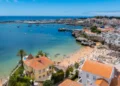 Aerial panoramic view of Cascais. 30km west of Lisbon on the portuguese riveira, cascais, Portugal. Drone aerial view of Praia da Rainha and historic city centre of Cascais, Portugal