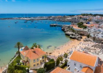 Aerial panoramic view of Cascais. 30km west of Lisbon on the portuguese riveira, cascais, Portugal. Drone aerial view of Praia da Rainha and historic city centre of Cascais, Portugal