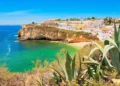 sunny coastal scene with cliffs, turquoise water, and a hillside town of white and pastel buildings, viewed through agave plants in the foreground.