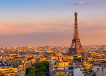 Skyline of Paris with Eiffel Tower in Paris, France