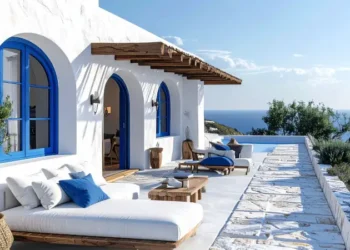 Mediterranean Minimalist Villa with White Walls and Blue Accents
