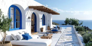 Mediterranean Minimalist Villa with White Walls and Blue Accents