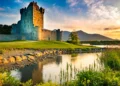 Ancient old Fortress Ross Castle ruin with lake and grass in Ireland during golden hour nobody
