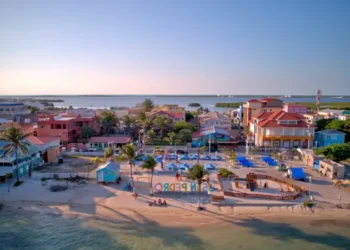 San Pedro Island Center of Town and Park Drone View