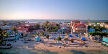 San Pedro Island Center of Town and Park Drone View