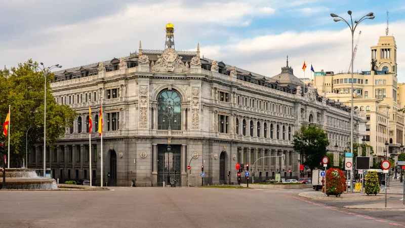 Panoramic view of the building that houses the Central Bank of Spain in Madrid.