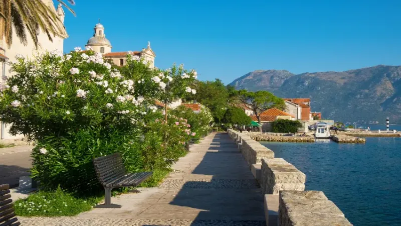 sunny street in Prcanj, Kotor Bay Montenegro