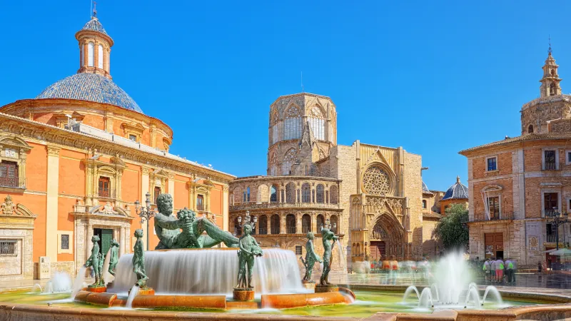 Valencia Fountain Rio Turia on Square of the Virgin Saint Mary