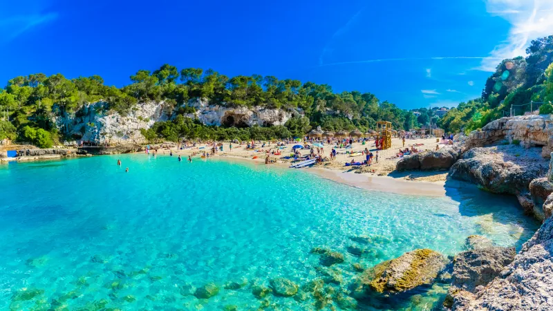 Scene of Cala Llombards beach, with turquoise clean water in Mallorca Balearic islands in Spain