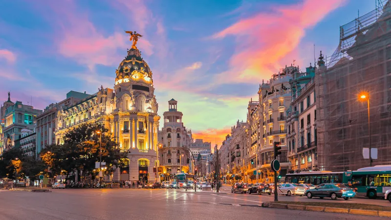 Madrid city skyline gran via street twilight , Spain