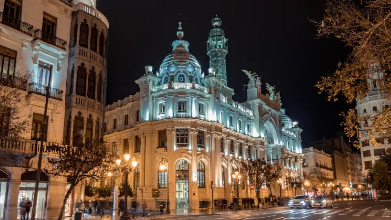 Ayuntamiento (City Hall) of Valencia , Spain at night