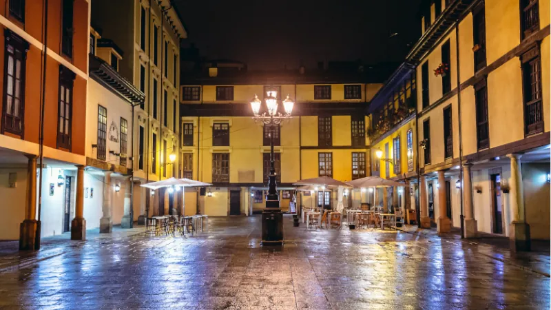 Evening view of Fontan Square in historic part of Oviedo city, Spain