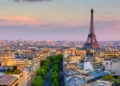 Skyline of Paris with Eiffel Tower in Paris, France. Panoramic sunset view of Paris