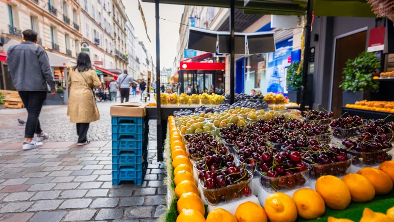 Fruits and vegetables on display at a street market in Paris, France