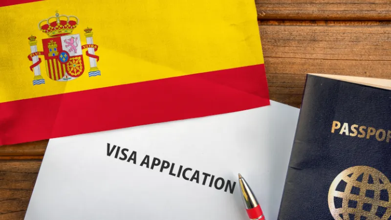 Visa application form, passport and flag of Spain