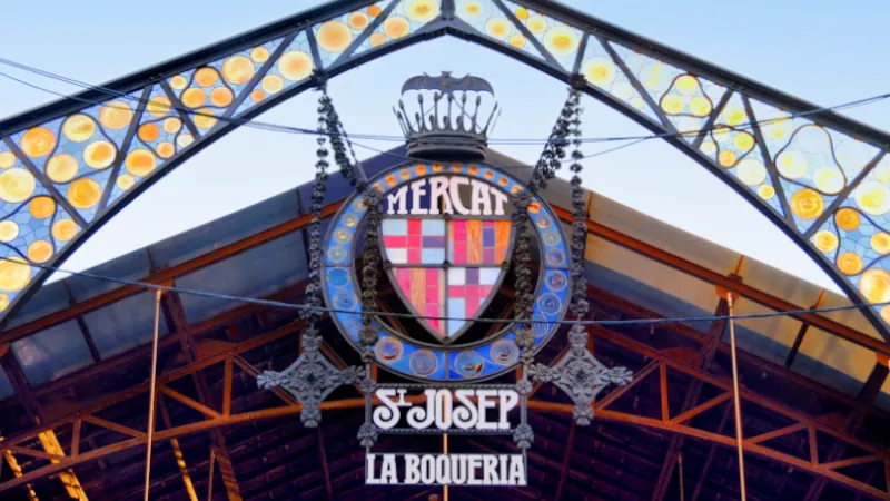 Facade of La Boqueria. The Mercat de Sant Josep de la Boqueria is a public market in Barcelona and one of the most important landmarks of the city.