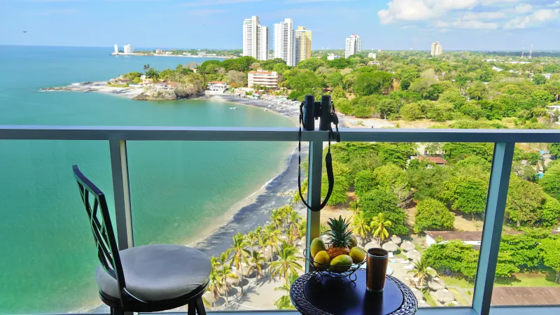 Balcony view of fishing bay, at Beachside condo, Nueva Gorgona, Panama 2023