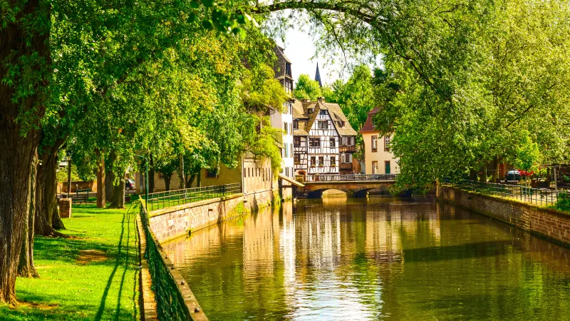 Strasbourg, water canal in Petite France area, Unesco site. Alsace, France