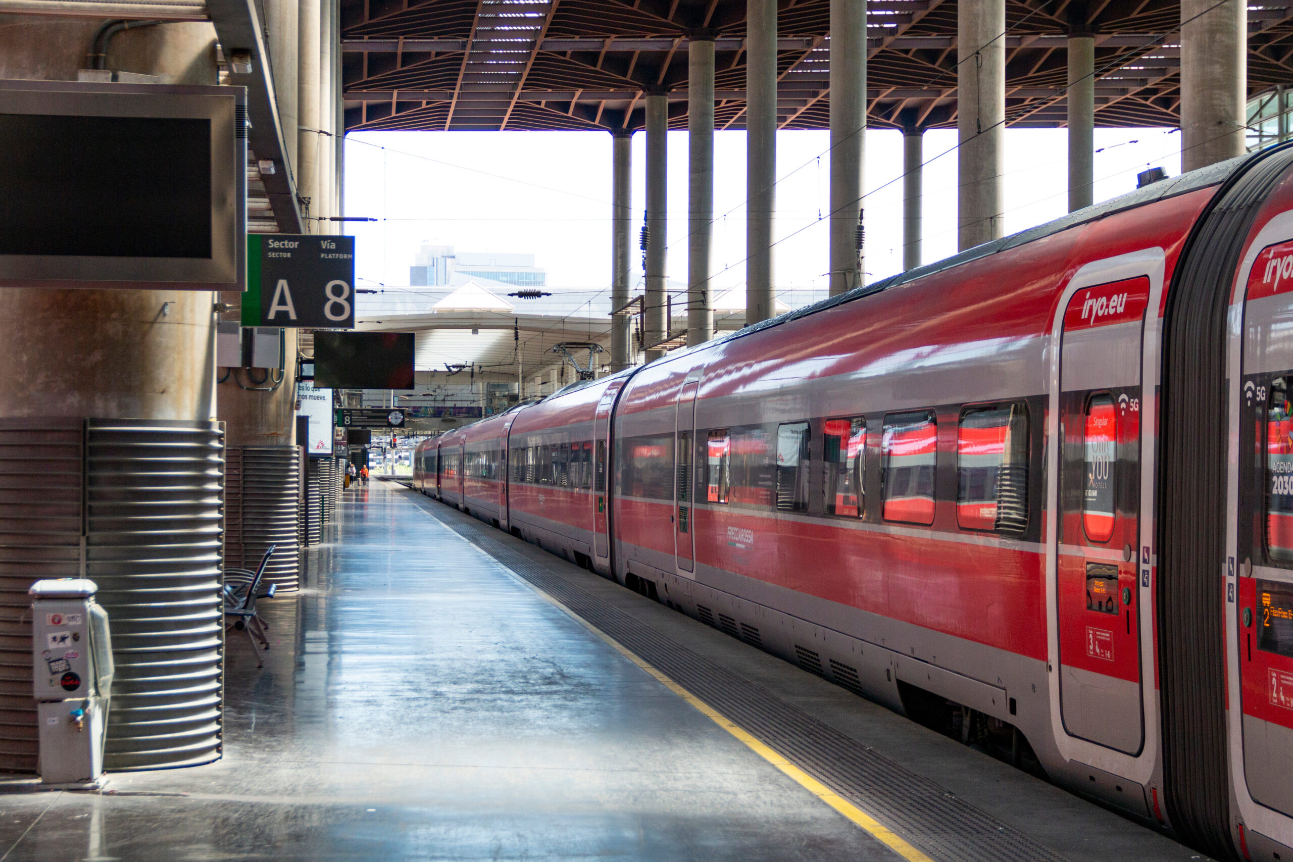 Iryo high-speed train at the Atocha station in Madrid waiting for passengers to board before leaving for Barcelona